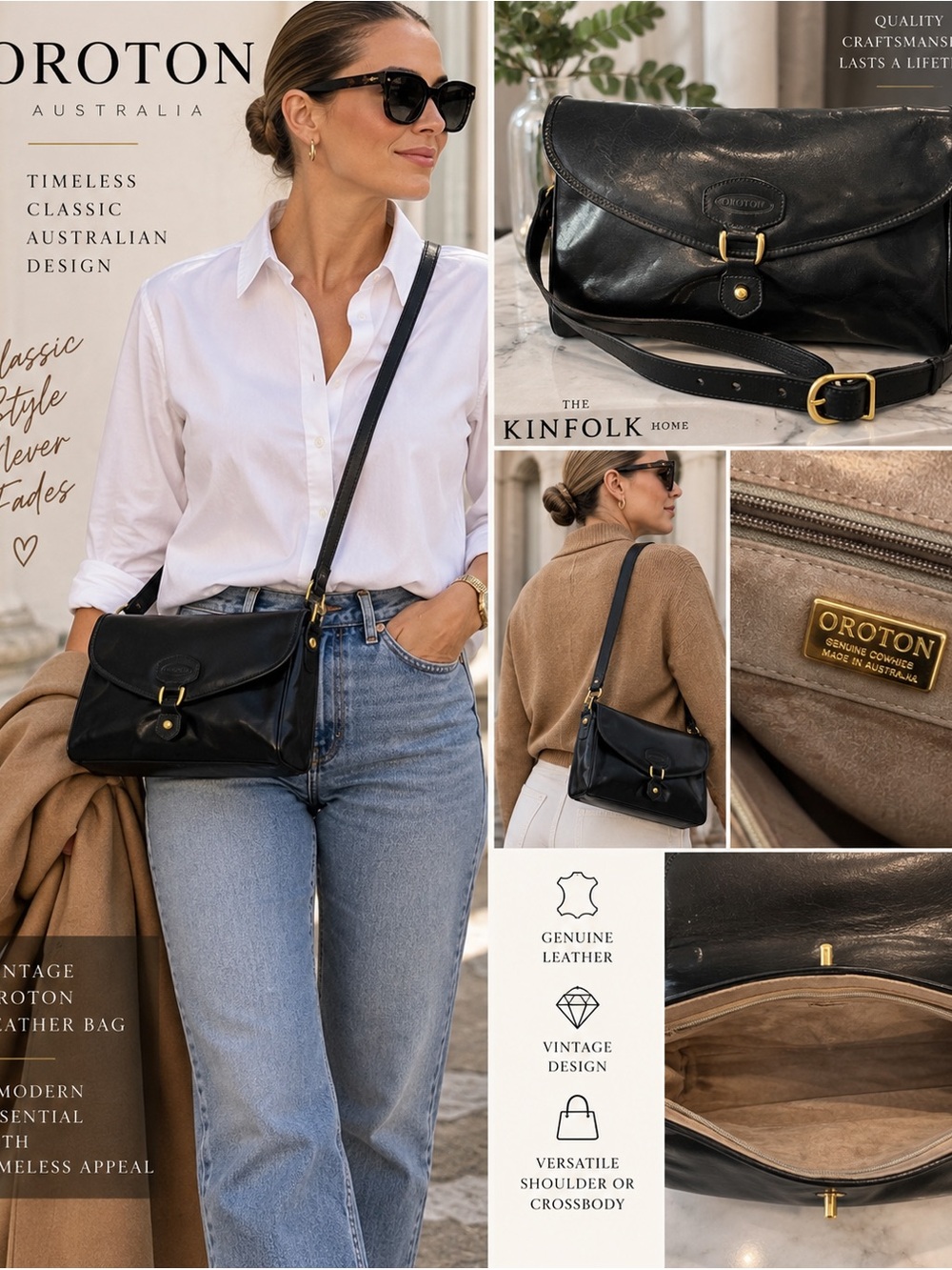 Oroton Black Leather Flap Crossbody with Gold Hardware